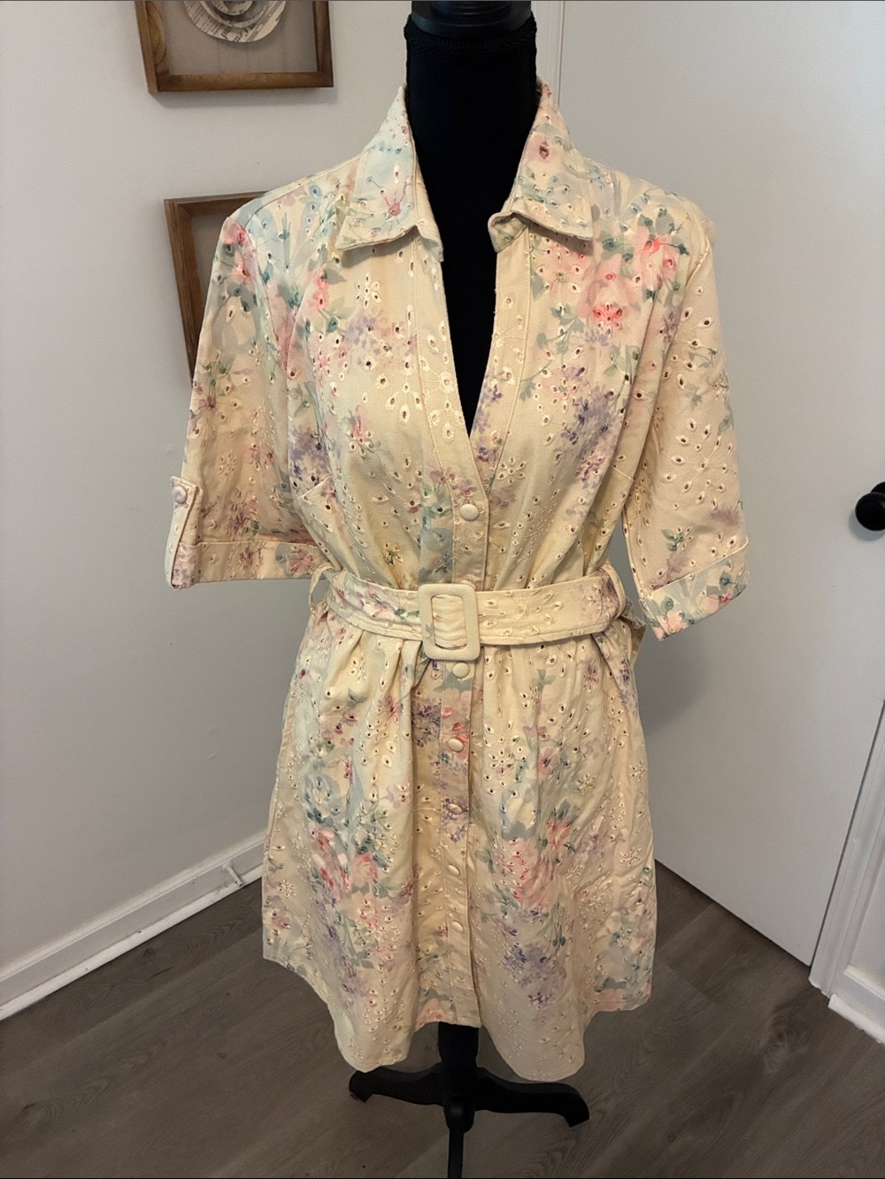Solitaire Beige Floral Eyelet Dress with Belt